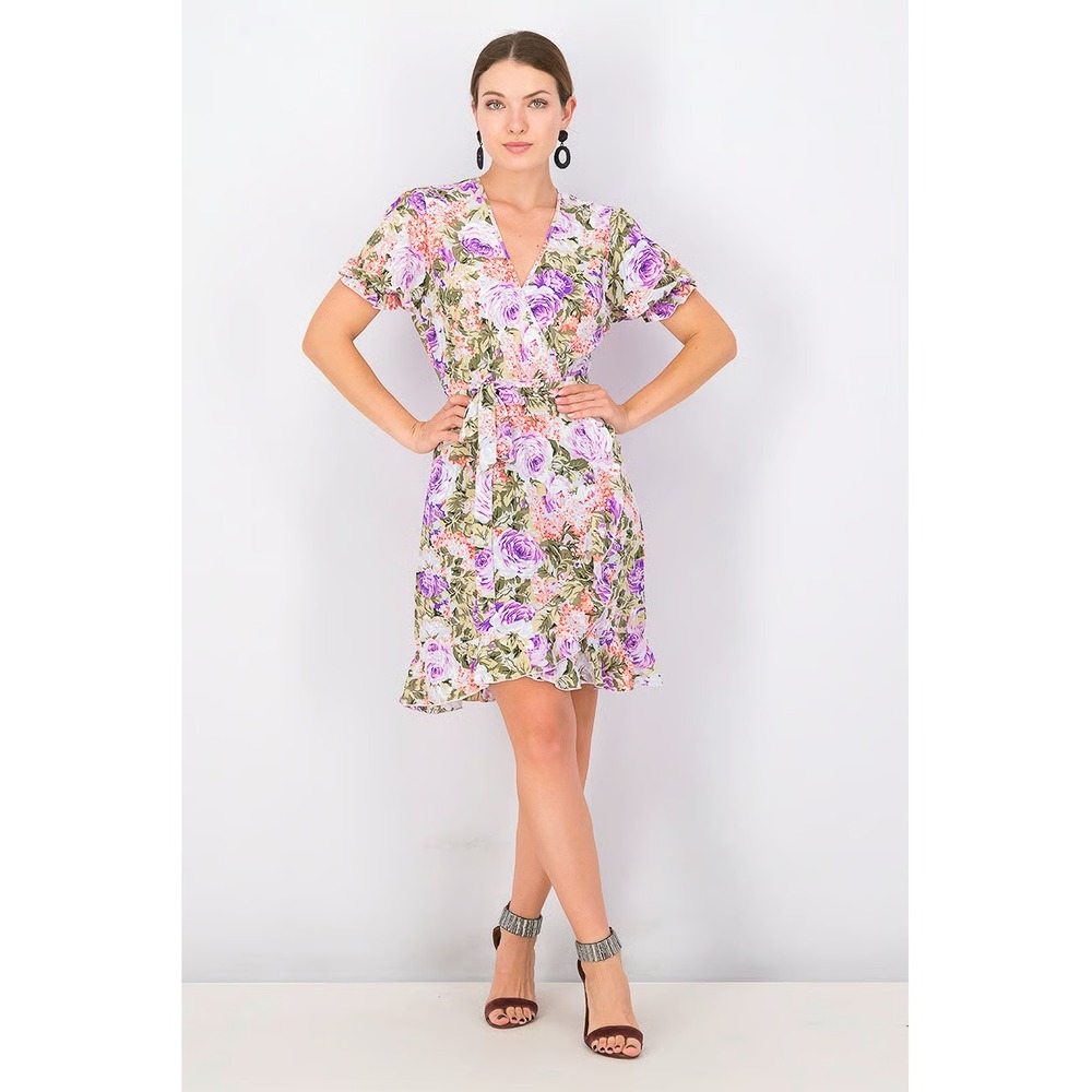 NWT Puff Sleeve Ruffle Hem Belted Floral Resort Tropical Wedding Mini‎ Dress 2